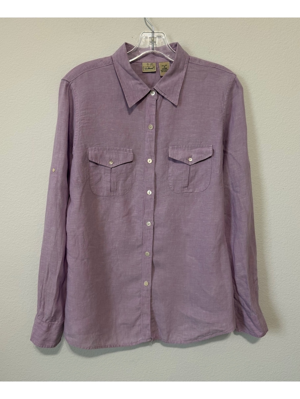 L.L.Bean 100% Linen Lavender Roll Tab Long Sleeve Button Up Shirt Women's Size M